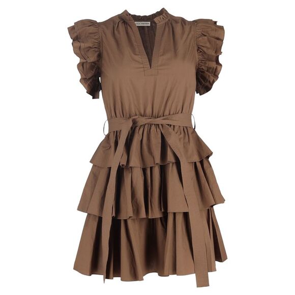 Ulla Johnson Ruffled V-Neck Mini Dress in Brown Cotton